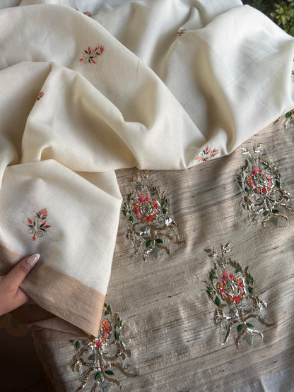 Off White Tussar Silk Gheecha Palla Kota Mukaish Resham Saree