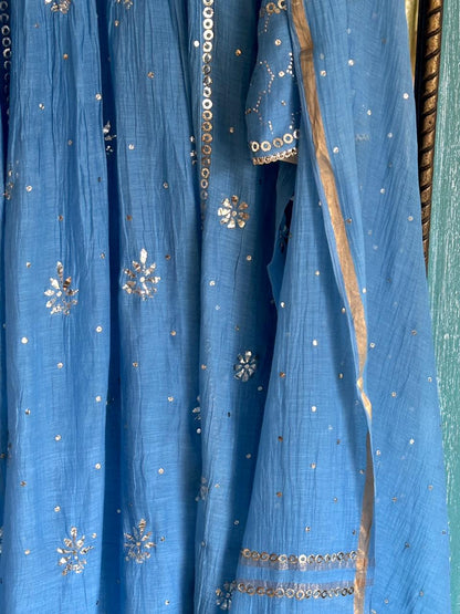 Powder Blue Shade Mukaish Mul Chanderi Silk Dress