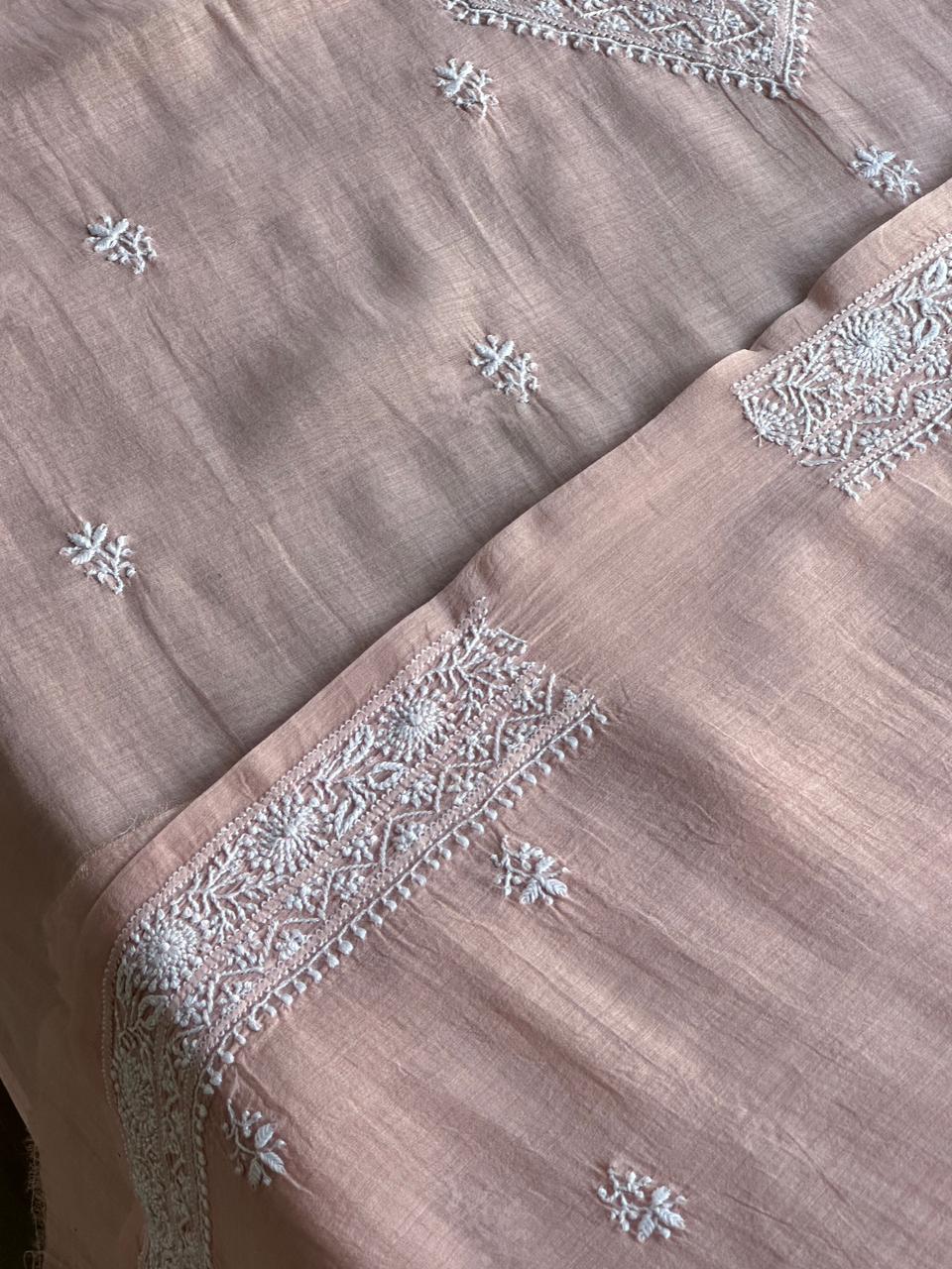 Pastel Peach Mulmul Chikankari Unstitched Men's Kurtas Fabric