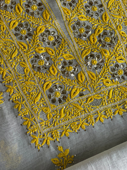 Grey Shade Mal Cotton Chikankari Unstitched Kurta Dupatta Fabric With Mukaish Badla