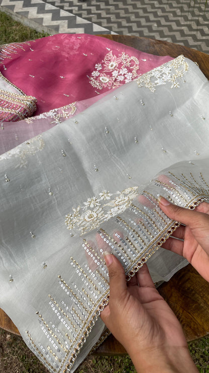 Ombre Plum Grey Noor Organza Chikankari With Sequins Border Saree