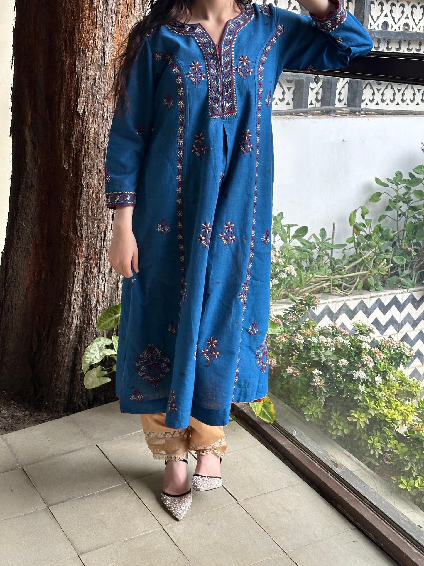 Blue & Maroon Handspun Malkha Chikankari Panel Tunic