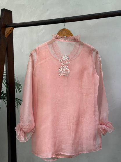 Pastel Peach Noor Organza Frill Lace With Resham Chikankari Short Top