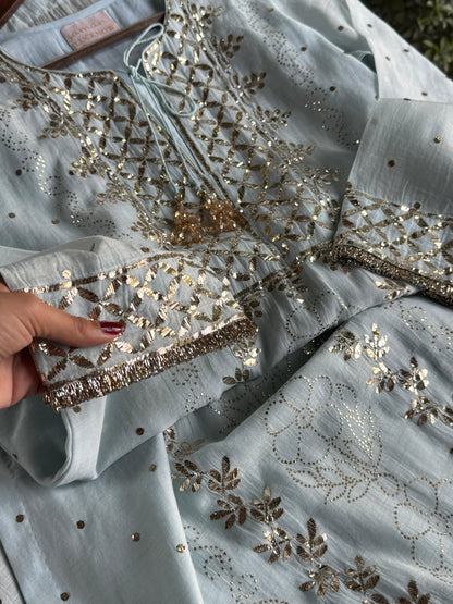 Ice Blue Mukaish Mul Chanderi Silk Ready To Wear Dress