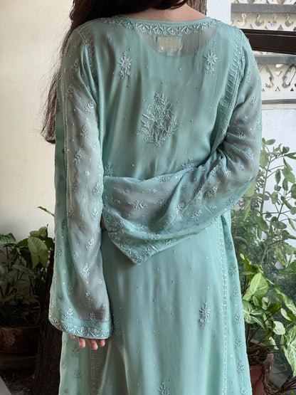 Pastel Sea Green Chiffon Kurta with Afghani Salwar – Fine Chikankari Work