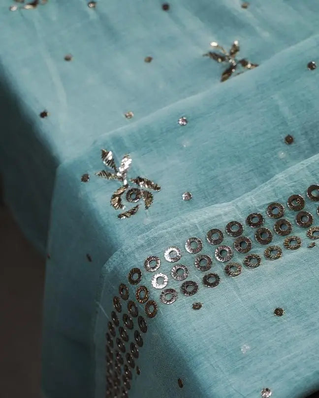 Sea Green Chanderi Silk Mukaish Badla Unstitched Fabrics