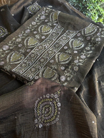 Goldish Black Shade Tissue Silk Chikankari Unstitched Fabric