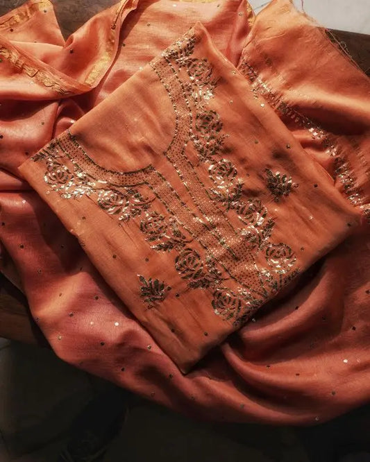 Orange Chanderi Silk Mukaish Badla Unstitched Fabrics