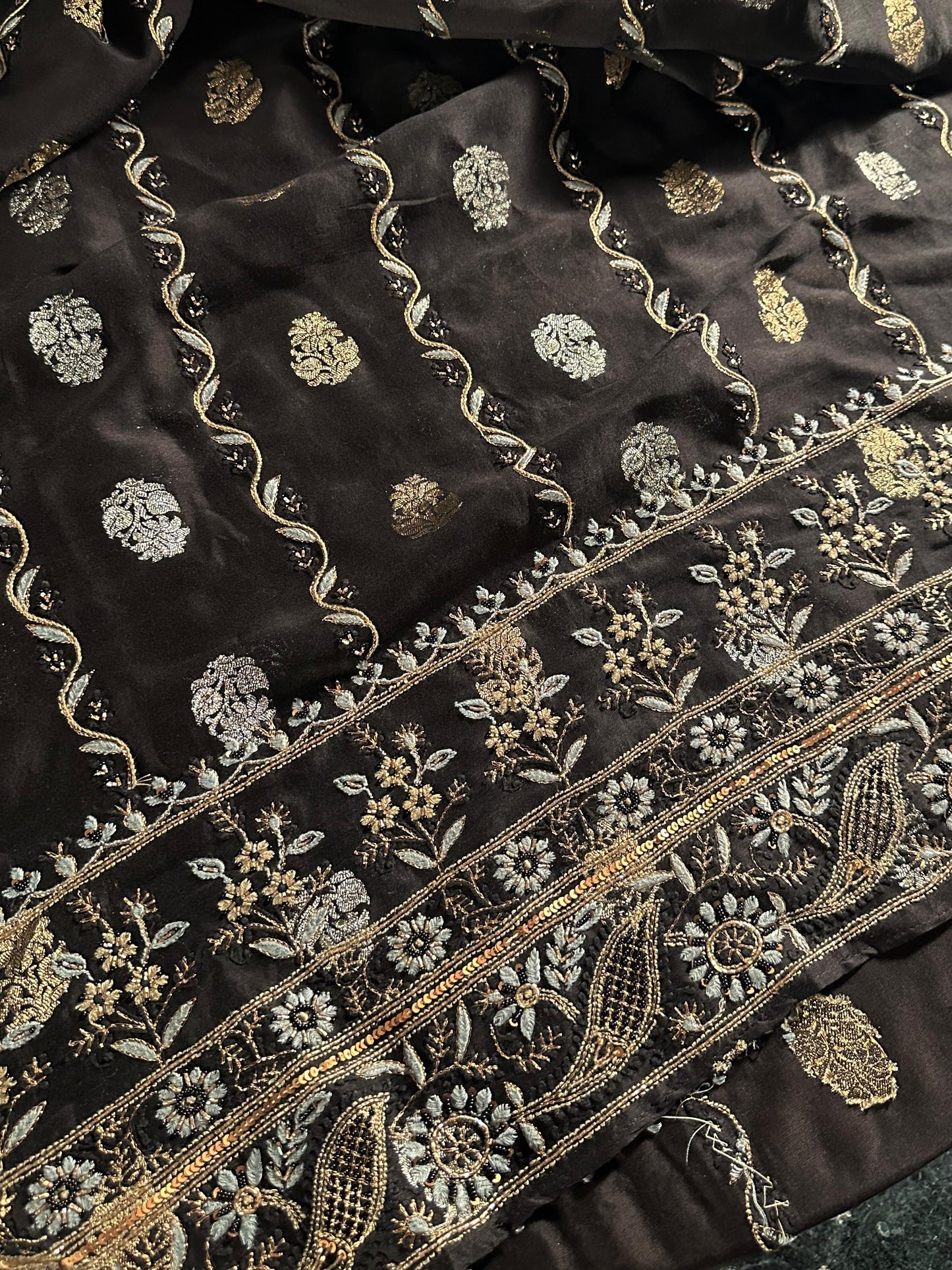 Black & Grey Banarasi Zari Chanderi Unstitched Chikankari Fabric