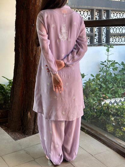 Lavender Chiffon Afghani Shalwar Chikankari Coord Set - Fine Chikankari Work