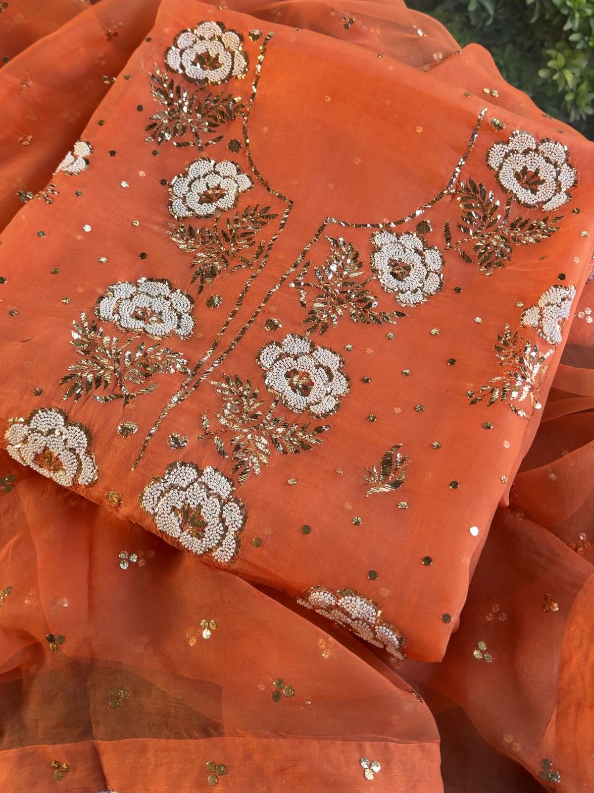 Orange Noor Organza Silk Mukaish Pearl Chikankari Unstitched Fabric