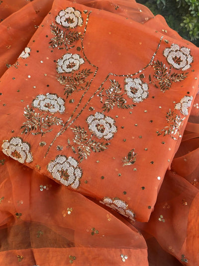 Orange Noor Organza Silk Mukaish Pearl Chikankari Unstitched Fabric