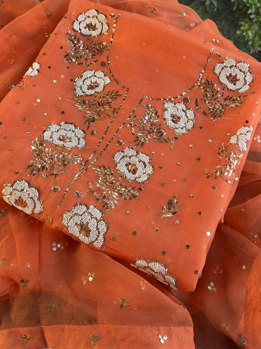Orange Noor Organza Silk Mukaish Pearl Chikankari Unstitched Fabric
