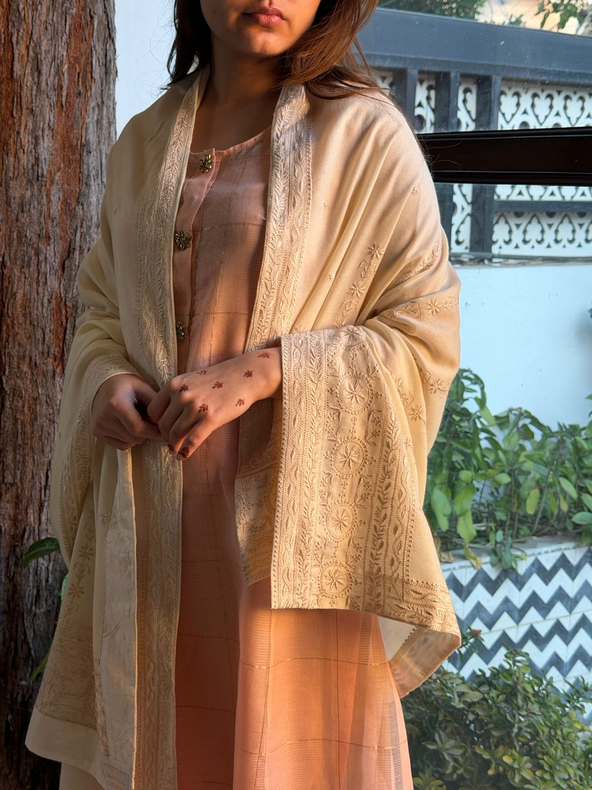 Natural Beige Shade Saman Pashmina Resham Thread Chikankari Shawl