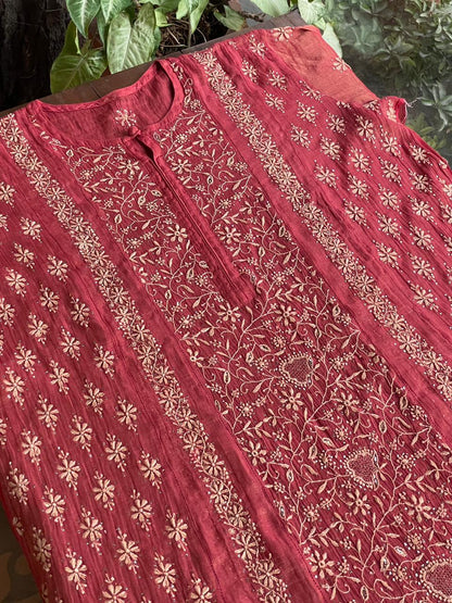 Dusty Red Shade Shade | Tissue Silk Chikankari Work Kurta Set