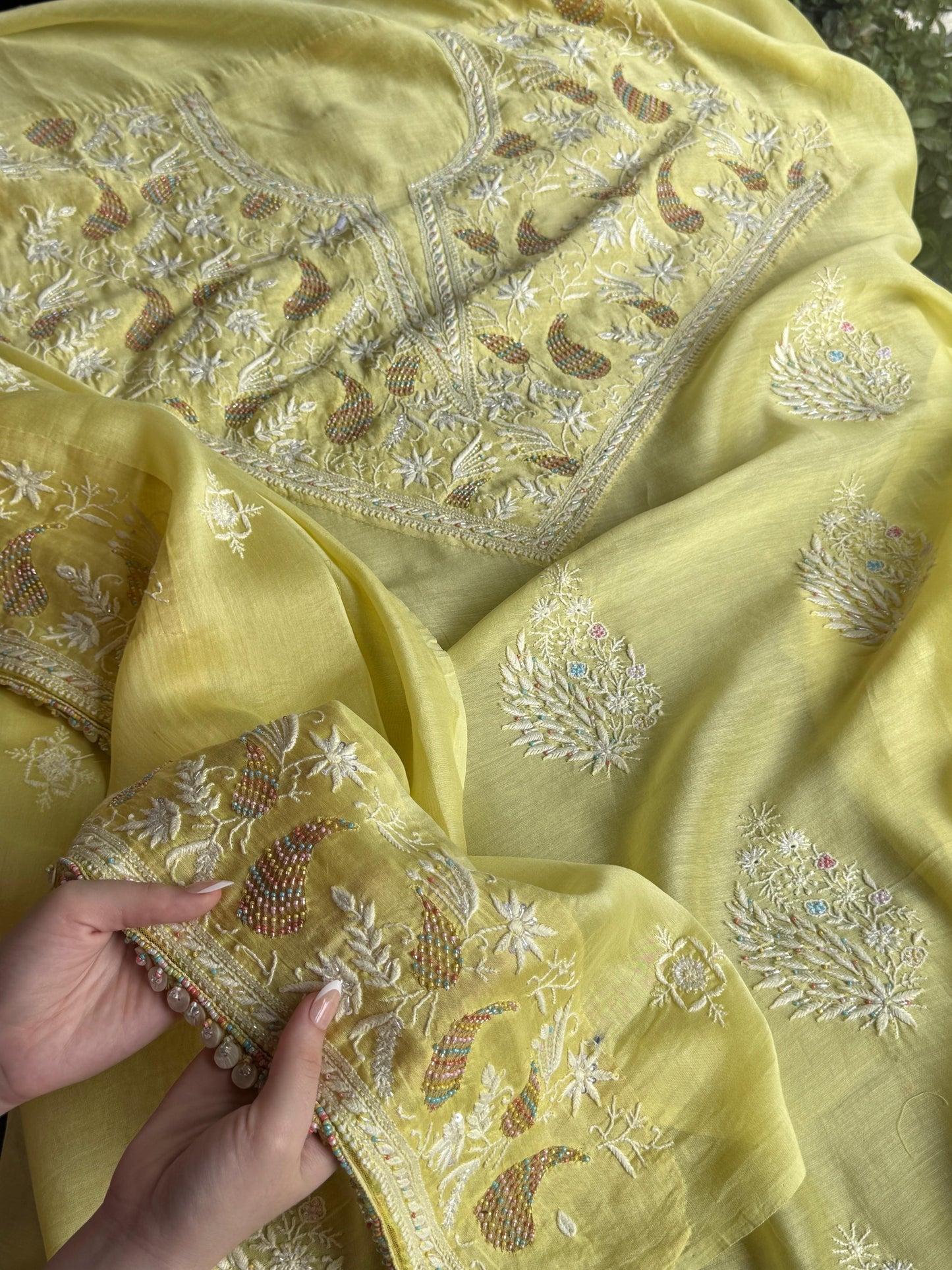 Butter Yellow Mul Chikankari Unstitched Kurta Set