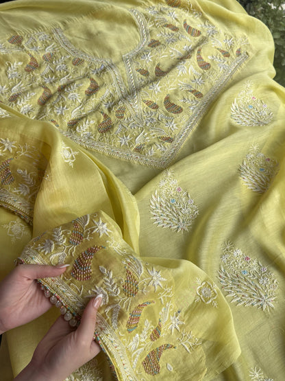 Butter Yellow Mul Chikankari Unstitched Kurta Set