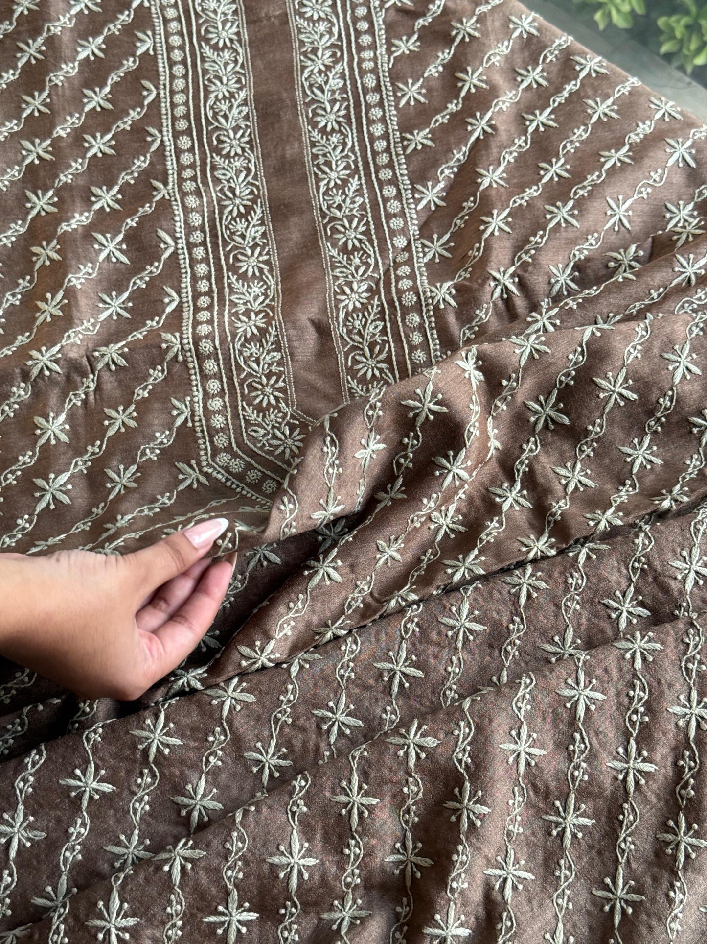 Beige Moonga Silk Chikankari Men’s Kurta Fabrics