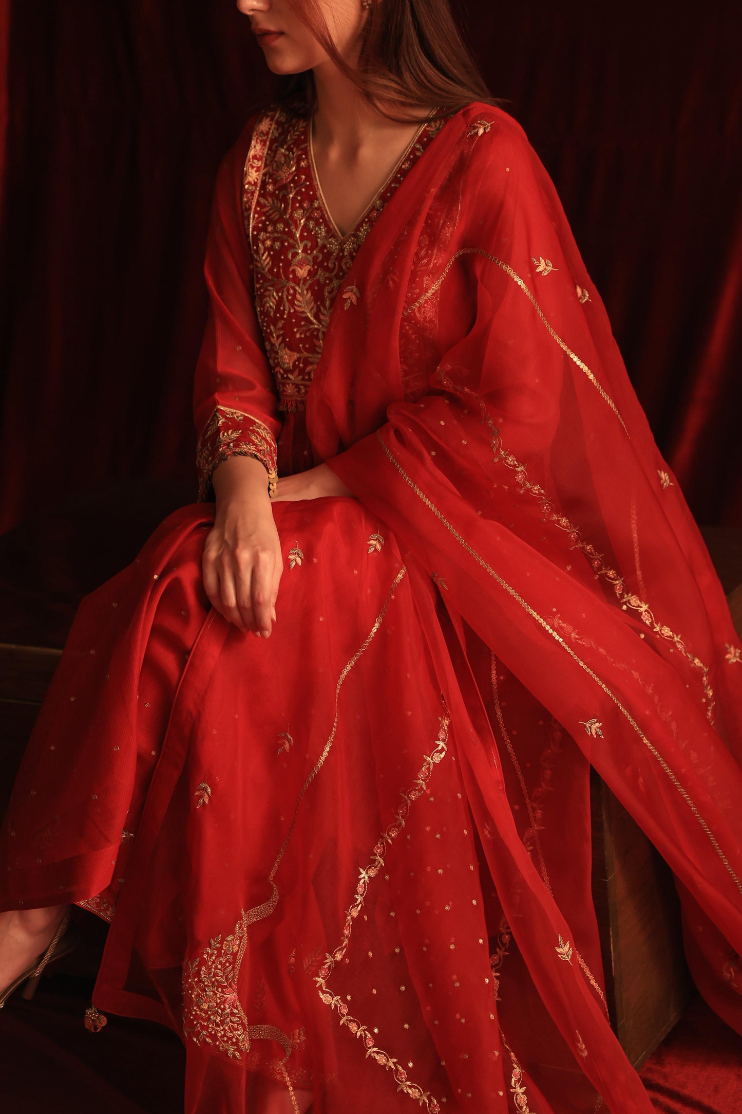 Red Maheshwari Silk Awadhi Zardosi Kurta Set