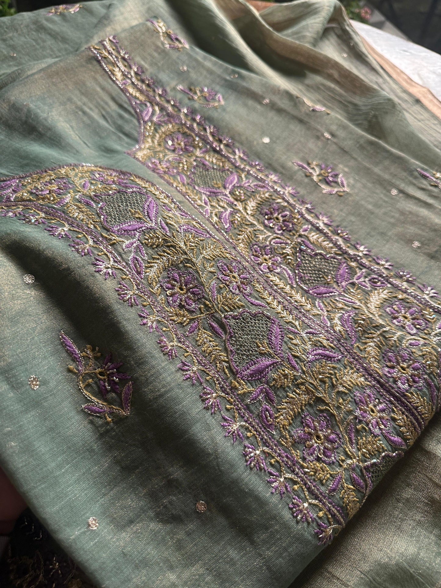 Sage Green & Purple Tissue Silk Chikankari Unstitched Fabric