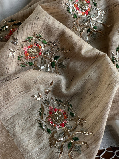 Off White Tussar Silk Gheecha Palla Kota Mukaish Resham Saree