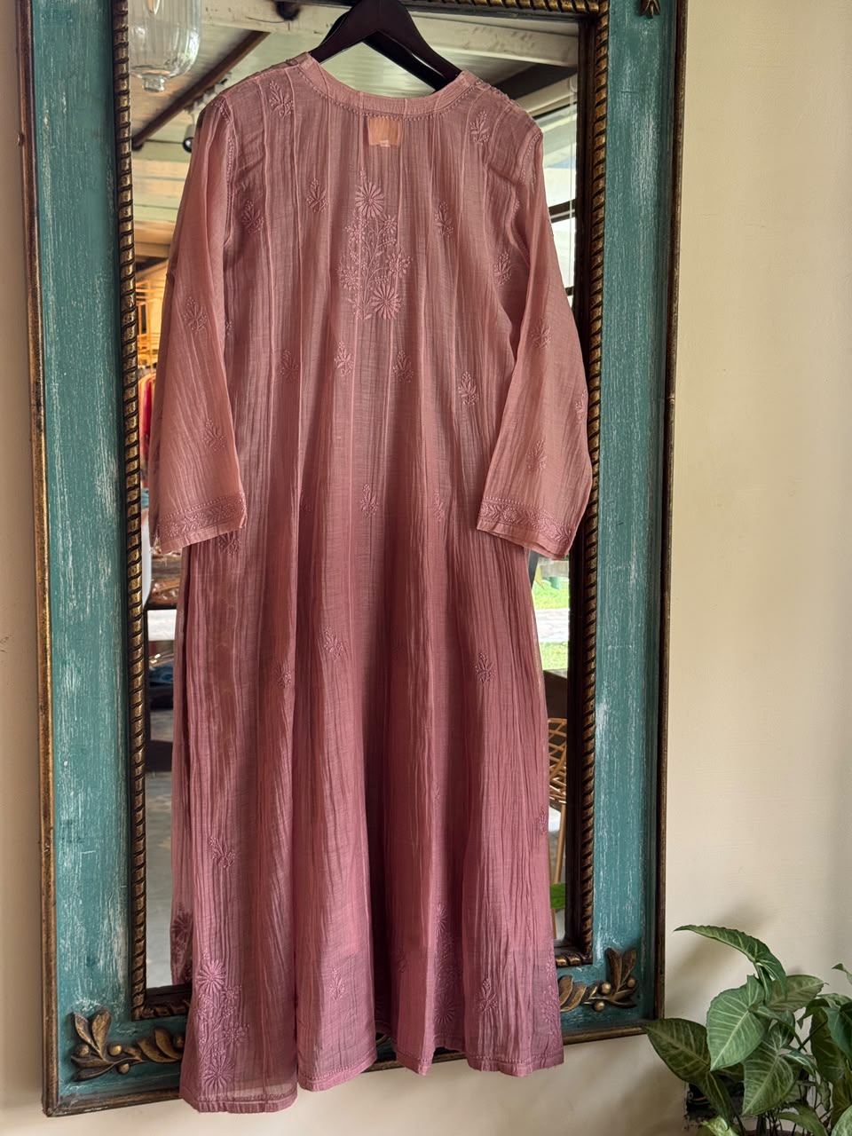 Onion Pink Zari Chanderi Chikankari A Line Kurta with Slip