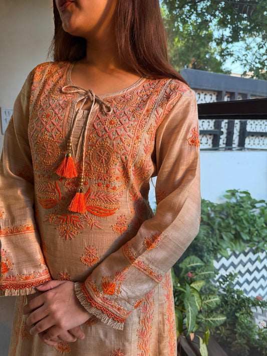 Basak Natural Tussar Silk Kalidar Chikankari Kurta Set