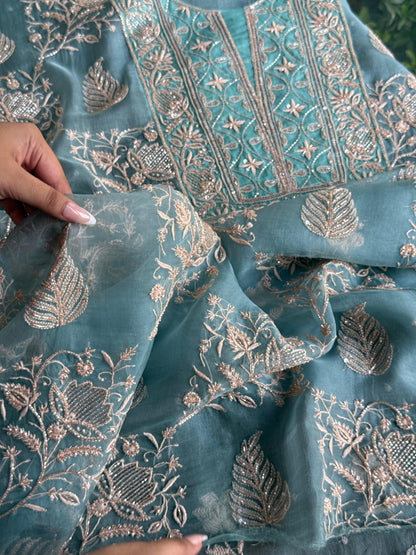 Pastel Shade Noor Organza Silk Chikankari Unstitched Kurta Dupatta Set