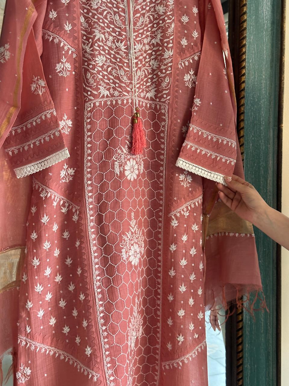 Onion Pink Shade Malmal Pearl Work Chikankari Kurta With Dupatta