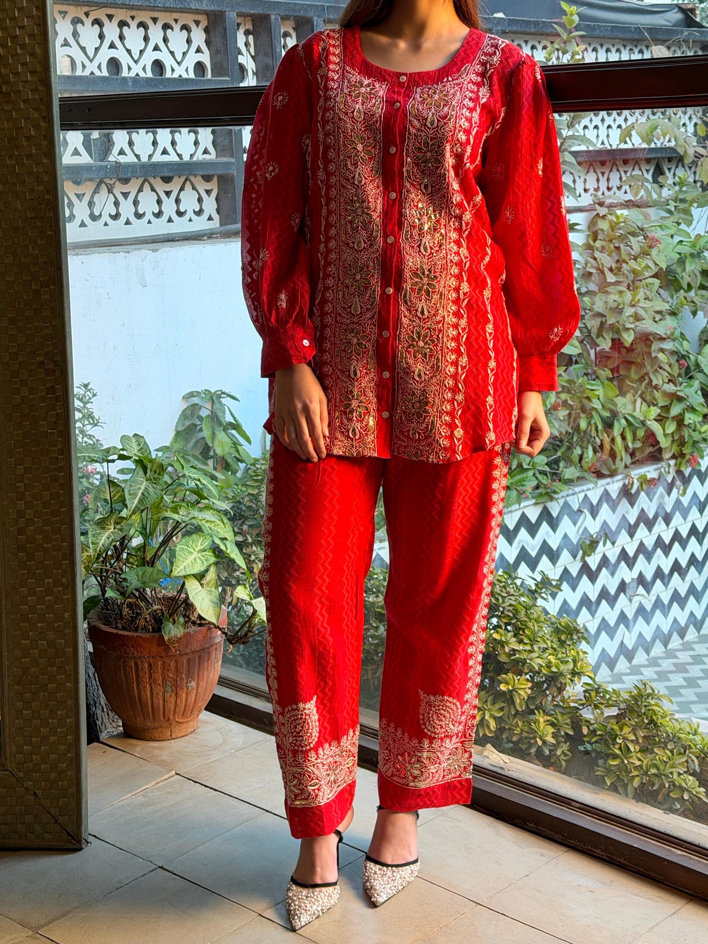 Crimson Red | Jacquard Sequins Chikankari Co-Ord Set