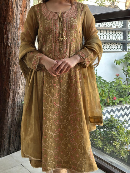 Mustard Shade Tissue Silk Chikankari Anarkali With Ari Work