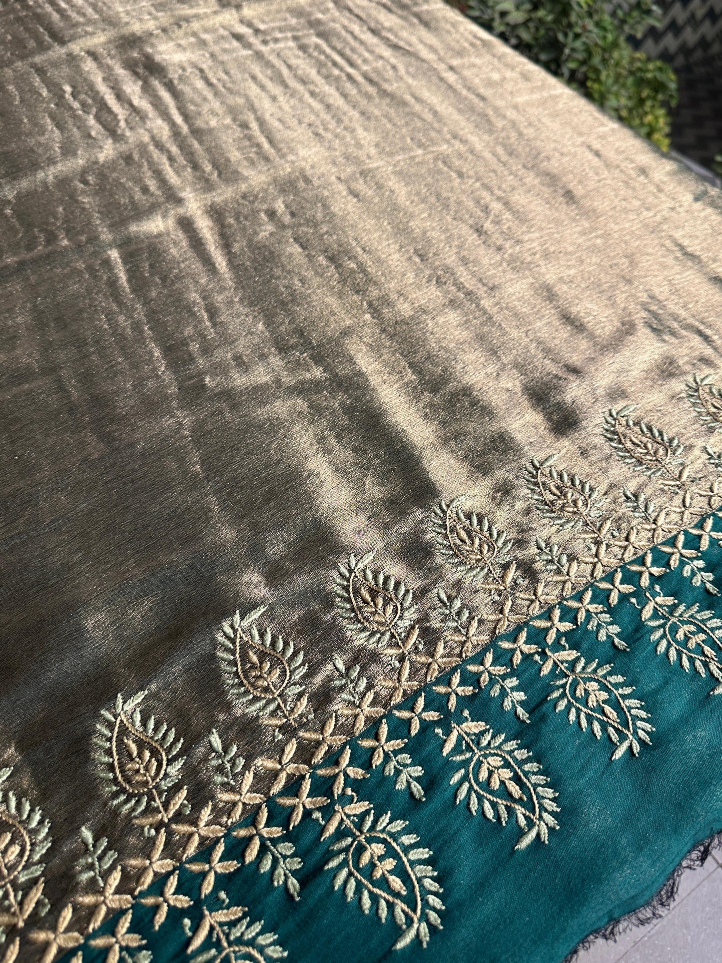 Green & Golden Shade Saman Tissue Silk Fine Chikankari Shawl