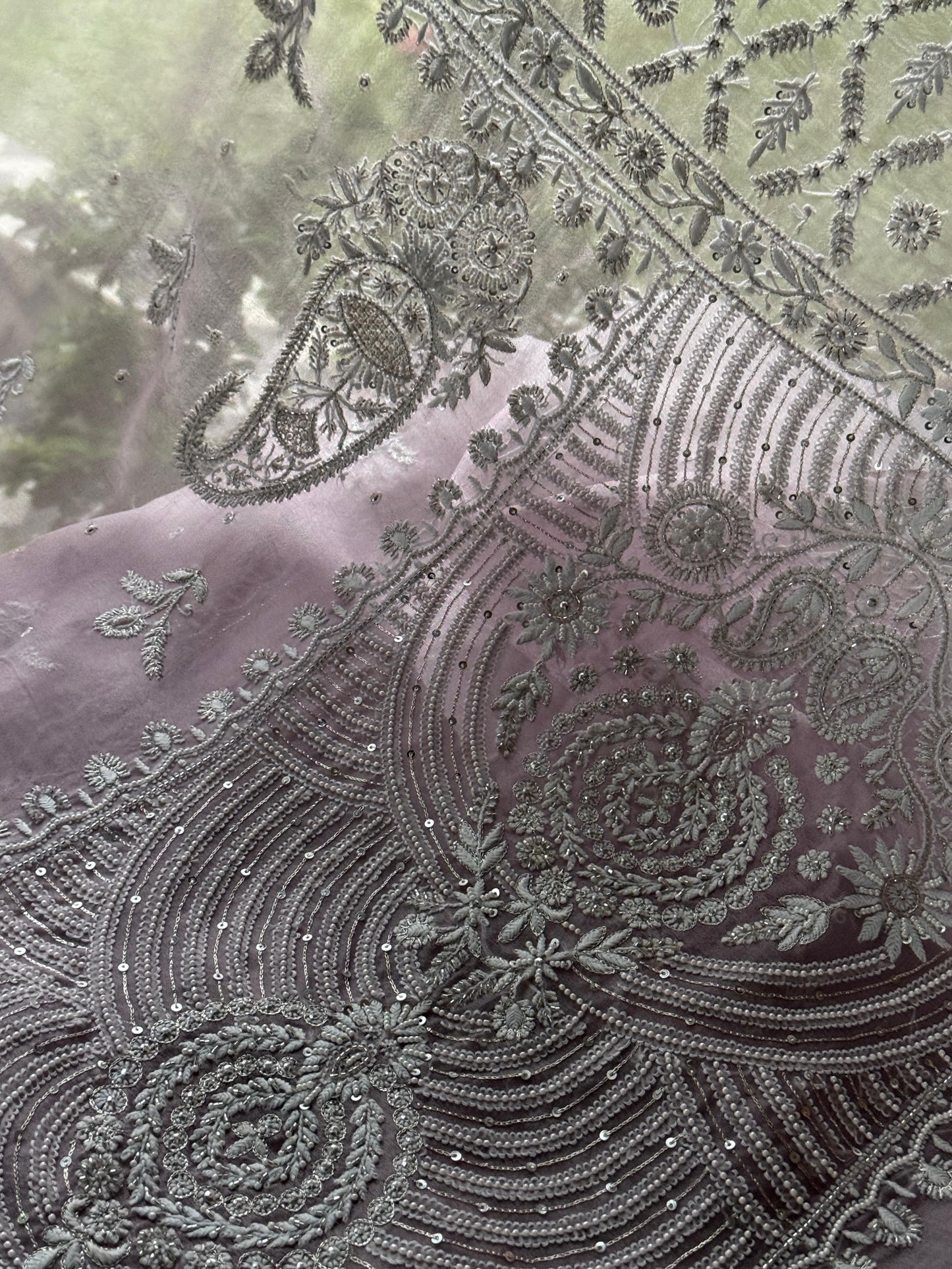 Old Lavender Shade Noor Banarasi Organza Chikankari Unstitched Fabric