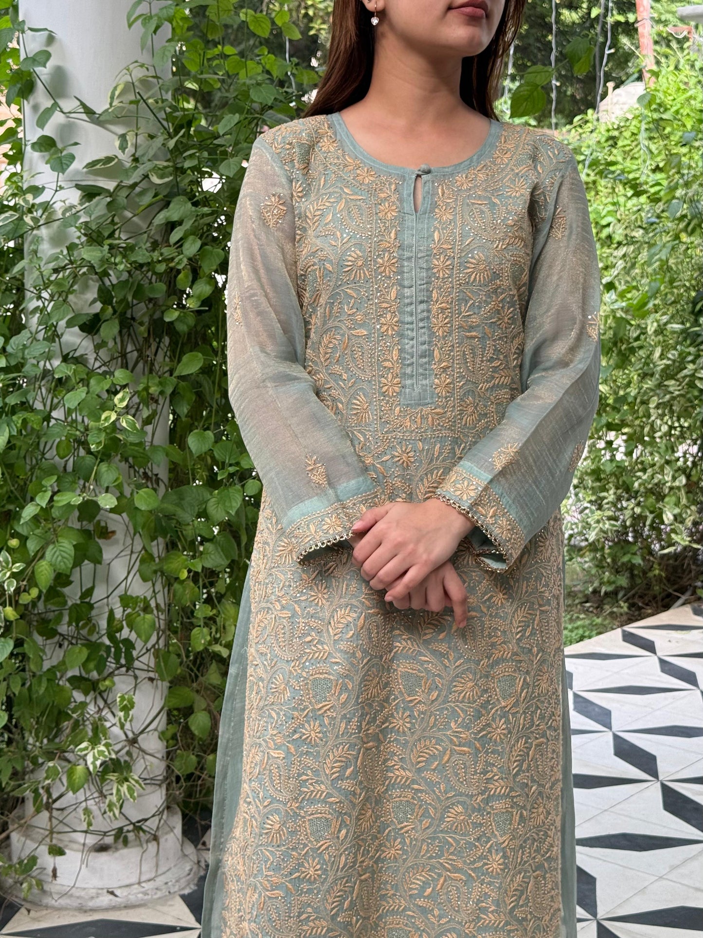 Cement Shade Tissue Silk Chikankari Straight Cut Kurta Dupatta Set