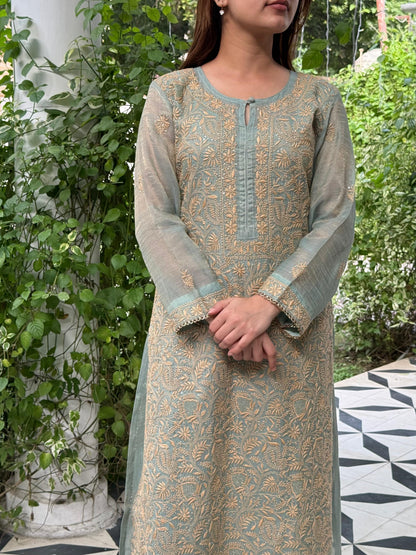 Cement Shade Tissue Silk Chikankari Straight Cut Kurta Dupatta Set