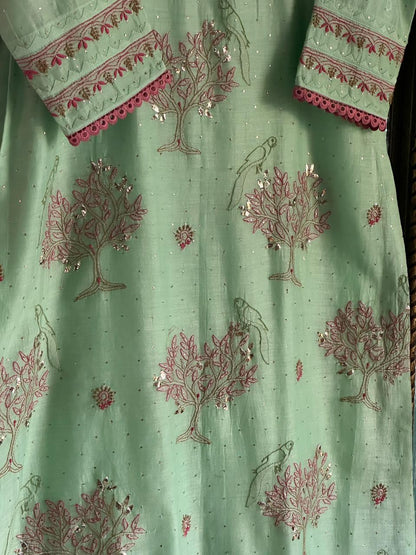 Sea Green Mal Mukaish Kamdani Chikankari Kurta Dupatta Set