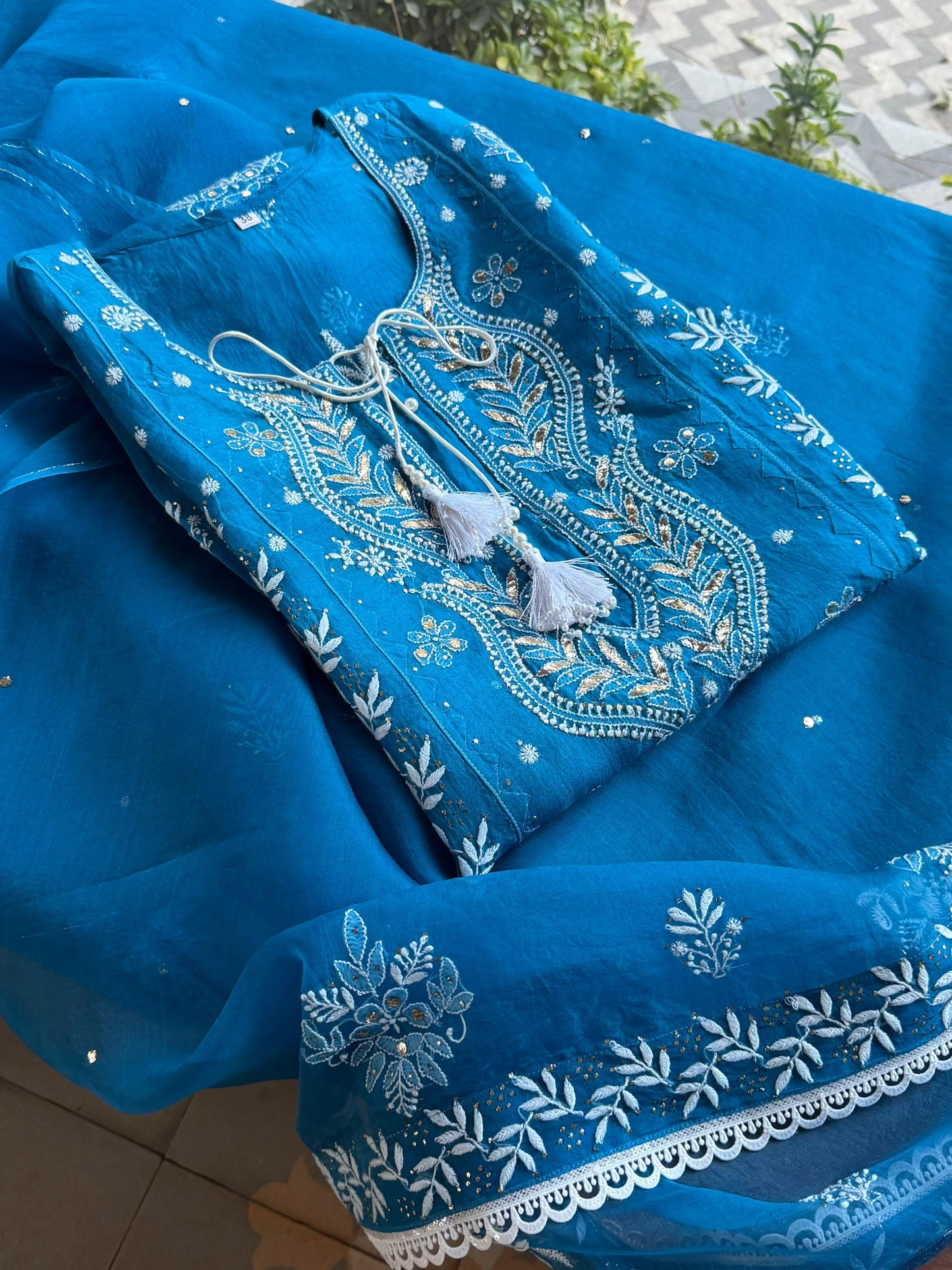 Azure Blue Shade Noor Organza Chikankari Applique Kurta Set