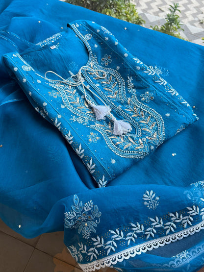 Azure Blue Shade Noor Organza Chikankari Applique Kurta Set
