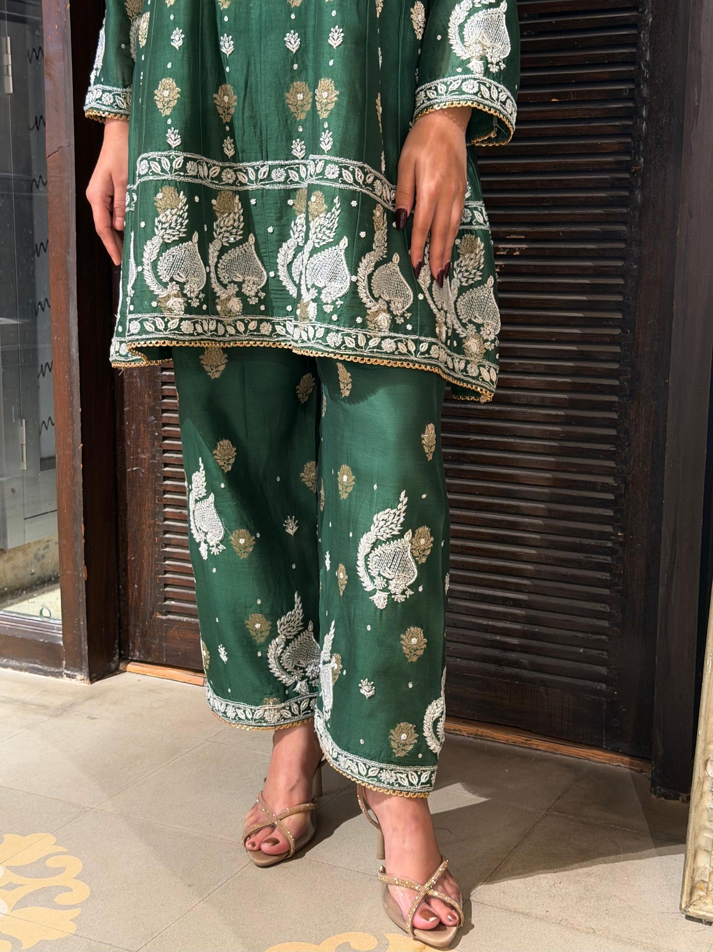 Green Zari Chanderi Chikankari Co-Ord Set