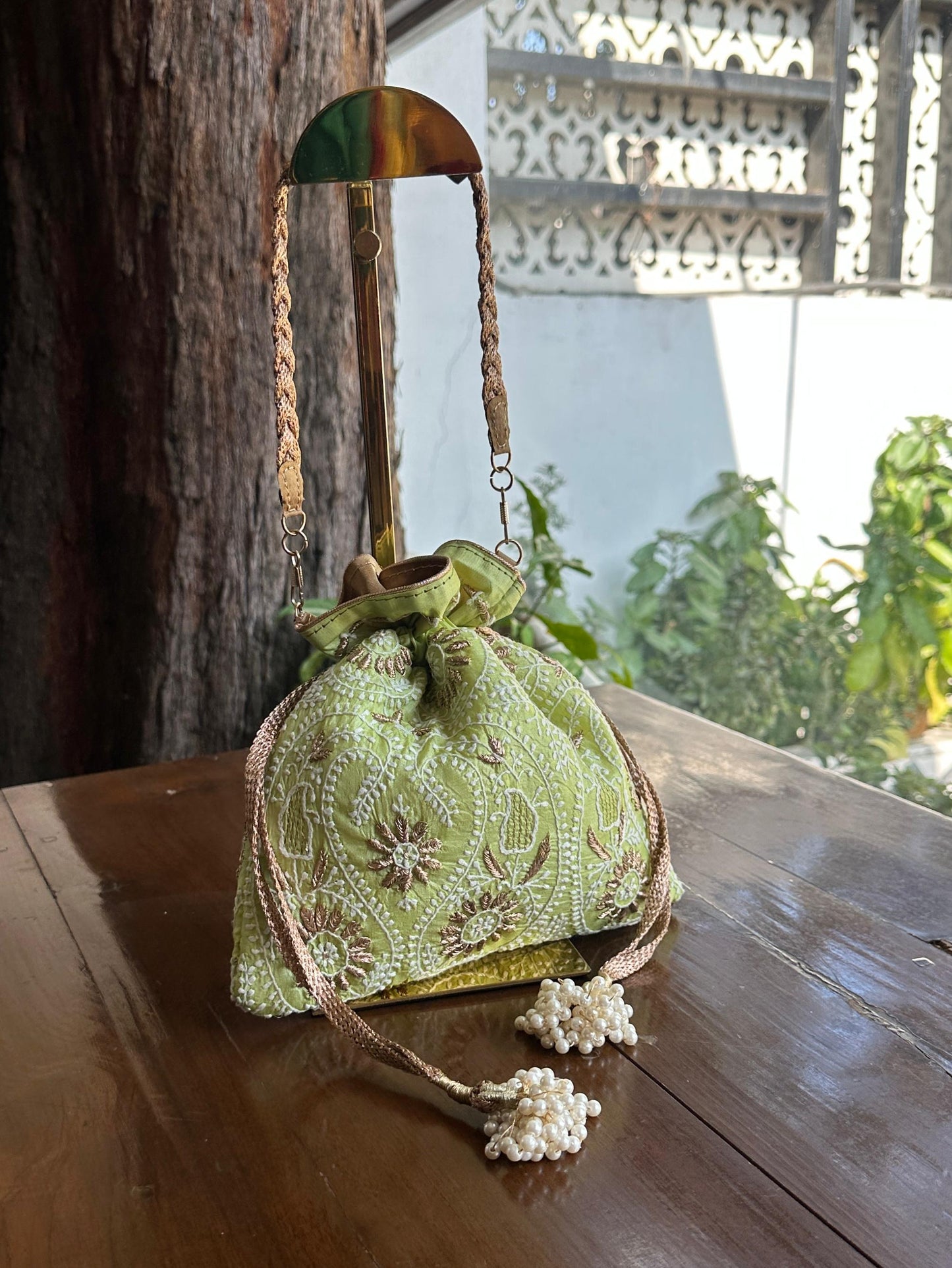 Mehndi Green Raw Silk Zardosi Polti Bags