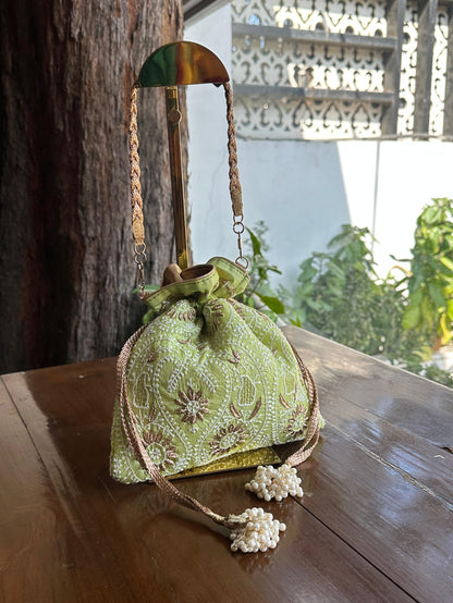 Mehndi Green Raw Silk Zardosi Polti Bags