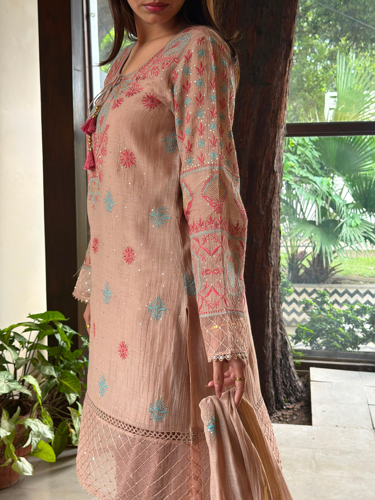 Nude Beige Mal Chanderi Farshi Chikankari Set