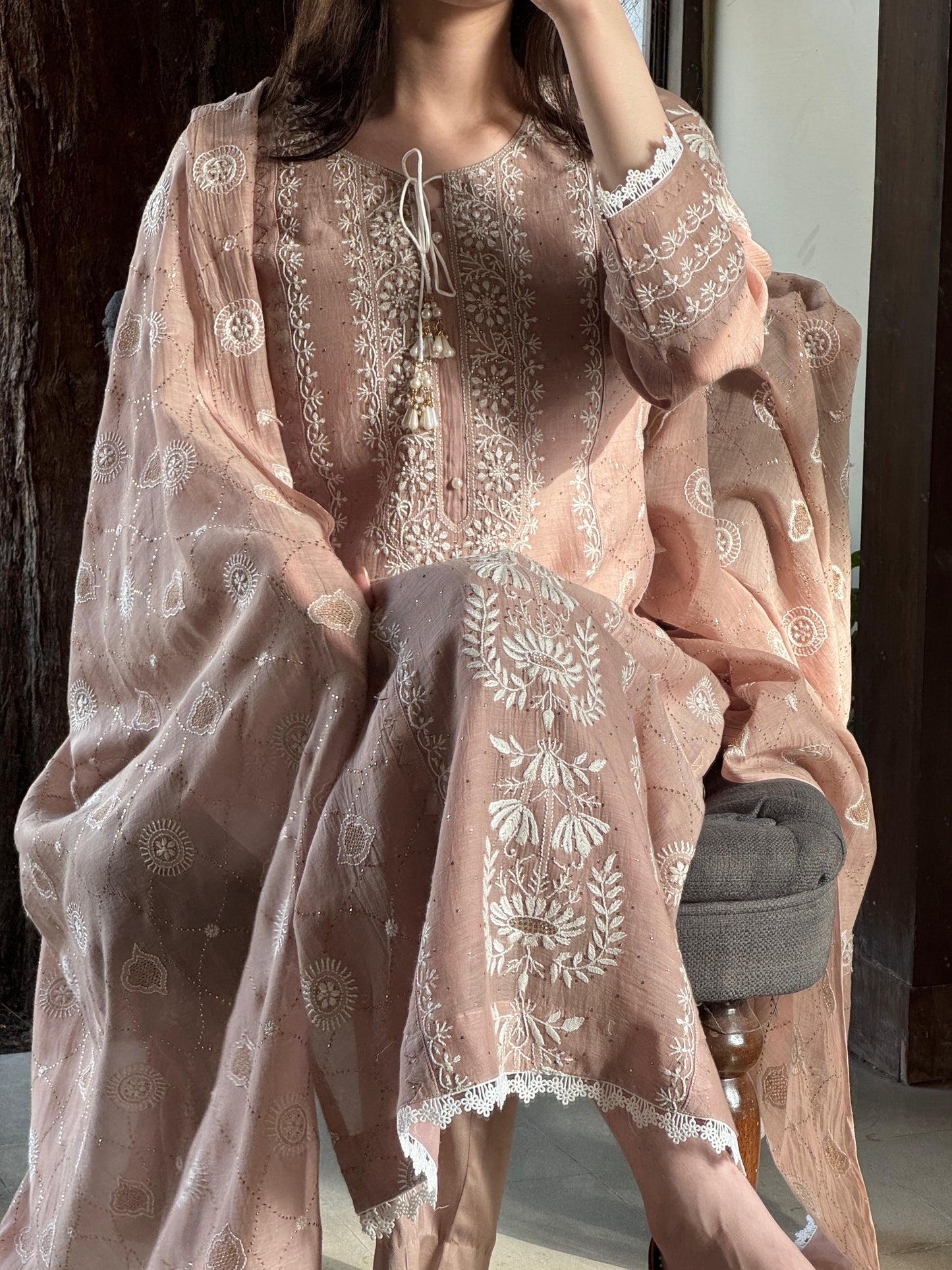 Nude Rose Mul Chanderi Mukaish Kamdani Chikankari Kurta Dupatta Set