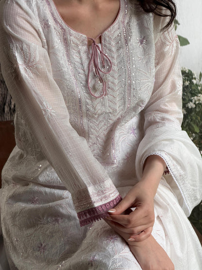 Powder Mauve Shade Kota Pearl Work Chikankari Kurta Set