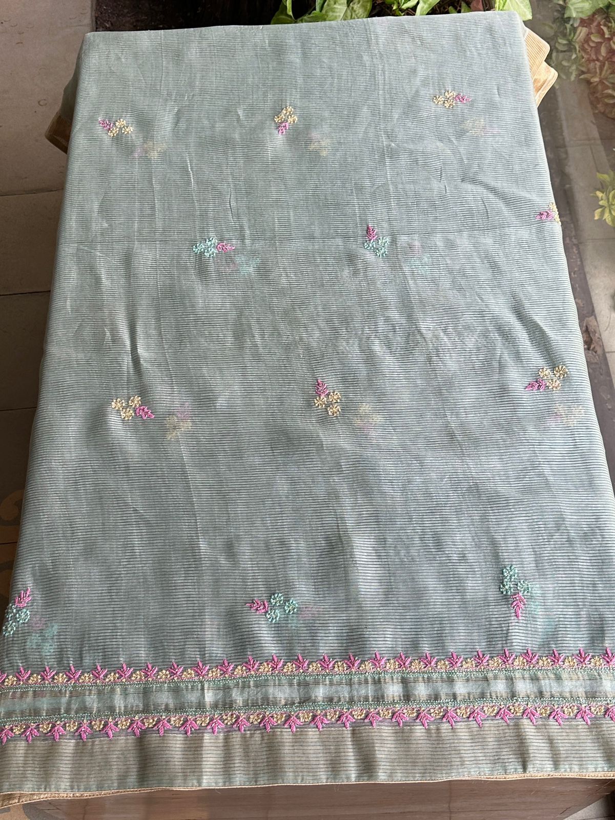 Pastel Mint Shade Rasm Silk Chikankari With Ari Work Unstitched Kurta Dupatta Set