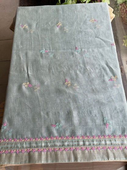 Pastel Mint Shade Rasm Silk Chikankari With Ari Work Unstitched Kurta Dupatta Set