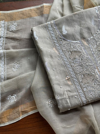 Grey Shade Banarasi Zari Chanderi Unstitched Chikankari Fabric