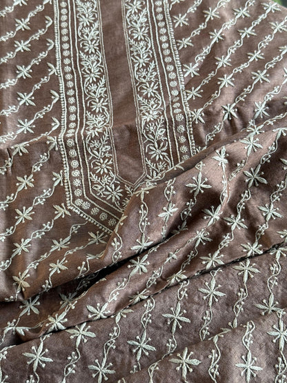 Beige Moonga Silk Chikankari Men’s Kurta Fabrics