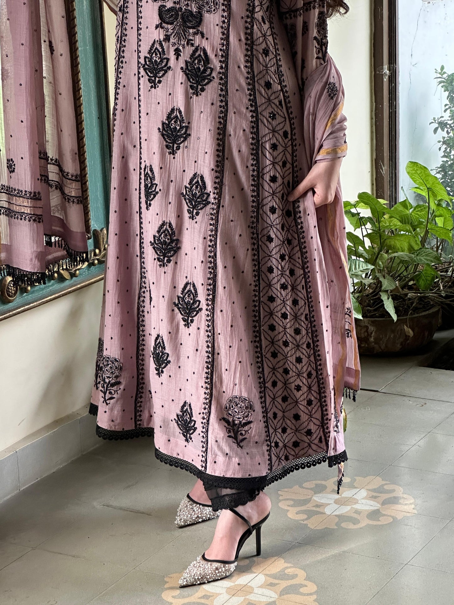 Plum Black Shade Malmal Pearl Work Chikankari Anarkali