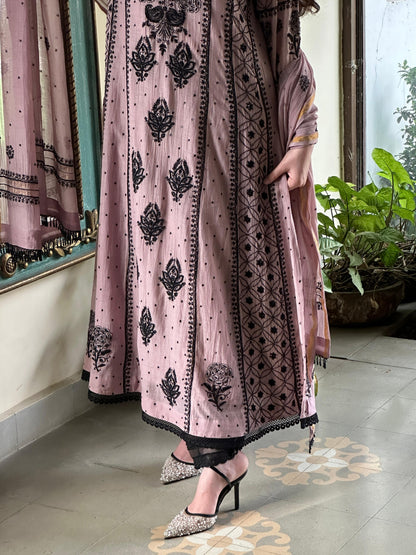 Plum Black Shade Malmal Pearl Work Chikankari Anarkali